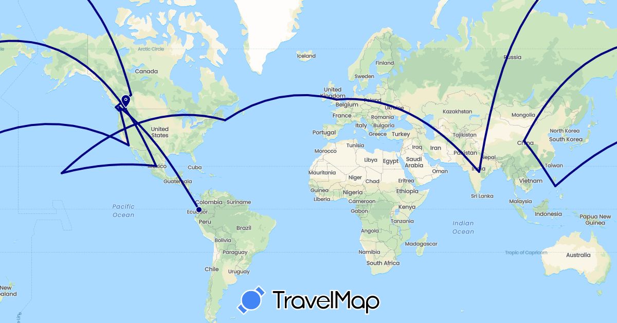 TravelMap itinerary: driving in Canada, China, Ecuador, United Kingdom, India, Mexico, Philippines, United States (Asia, Europe, North America, South America)